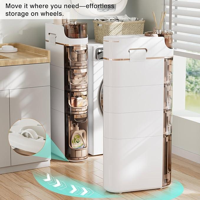 VECELO 4-Tier Slim Bathroom Storage Cabinet with Wheels, Skinny Bathroom Storage Cabinet with Drawers, Toilet Paper Holder, Movable Narrow Floor Cabinet for Small Space, Bathroom - ModernBath
