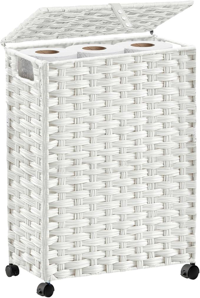 Hiagnete Toilet Paper Storage Basket with Lid and Wheels, Rattan Toilet Paper Holder Storage, Toilet Paper Organizer for Bathroom, Bedroom, Kitchen, 12.6”L x 7.1”W x 17.14”H, White - ModernBath