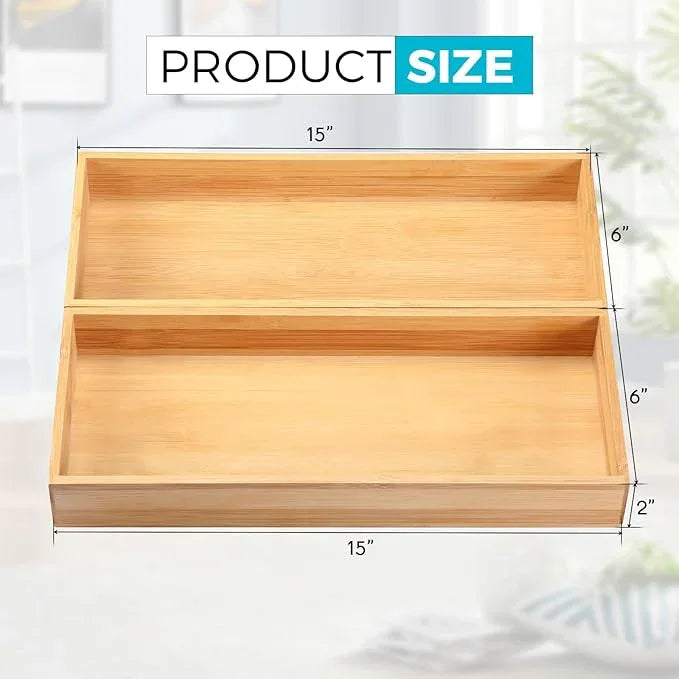 Fabsome Kitchen Utensil Drawer Organizer, Bamboo Silverware Cutlery Flatware Organizer Bins, Wooden Container Storage Trays for Bathroom Vanity Junk Drawer, 15" x 6" Set of 2 - ModernBath