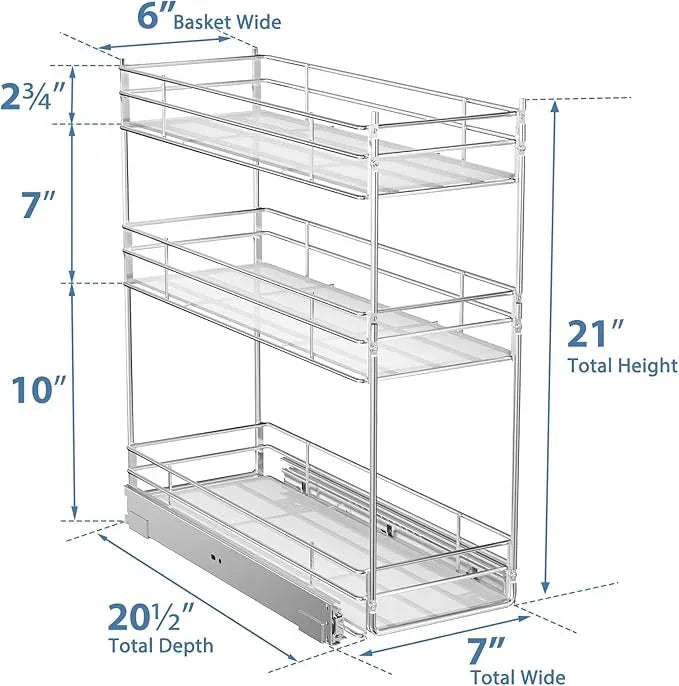 ROOMTEC Pull Out Spice Rack for Narrow Cabinet (7" W X 20½" D),3 Tier Heavy Duty Sliding Spice Cabinet Organization Shelf Racks, Pull Out Shelves Under Cabinet Storage for Kitchen - ModernBath