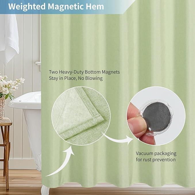 THAIGEE 2-in-1 Waterproof Fabric Shower Curtain or Liner,Linen Textured,Breathable TPU & Washable Bathroom Shower Curtain Set with 12 Plastic Hooks,Modern,72"x72",Green - ModernBath
