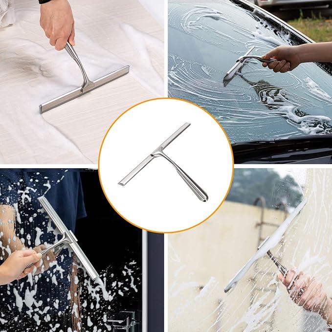 Shower Squeegee for Shower Doors 10 Inch Bathroom Squeegee for Windows,Kitchen,Mirror and Car Glass, Stainless Steel with Adhesive Hook - ModernBath