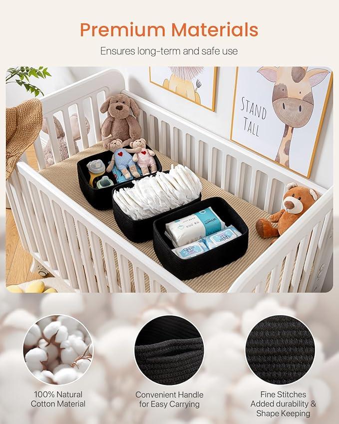 Small Woven Basket, 13.5 x 9.5 x 5 Inches, Storage Basket for Organizing, Cute Small Rope Shelf Closet Cube Storage Bins Baskets for Shelves, Dog Toy Gift Baskets Empty, 3 Packs, Black - ModernBath