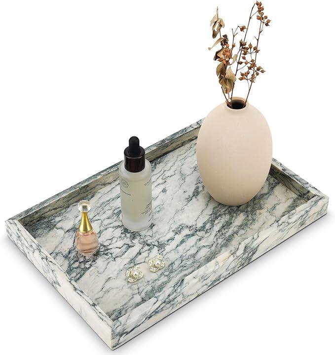 Zilukar Real Natural Marble Tray for Bathroom, Vanity, Kitchen and Desktop, Rectangle Genuine Marble Stone Tray for Jewelry, Cosmetics, Candles, Lotion, Perfume (Cyan-Green, 12" x 8" x 1.2") - ModernBath
