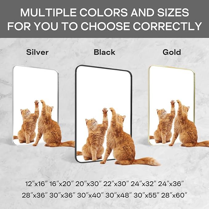 Minuover Wall Mount Mirror for Bathroom, Brushed Black Metal Framed Large Rounded Corner Rectangular Vanity Mirror, Anti-Rust, Tempered Glass (30" x 48", Black) - ModernBath