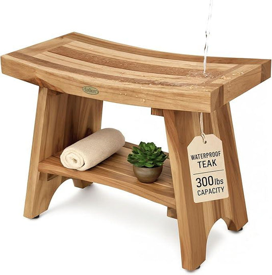 EcoDecors 24 Inch Serenity Teak Shower Bench – Waterproof Bathroom Seat with Large Storage Shelf For Adults & Seniors | Spa-Style Teak Wood Stool with Non-Slip Feet, Elegant Finish, 300 Pound Capacity - ModernBath