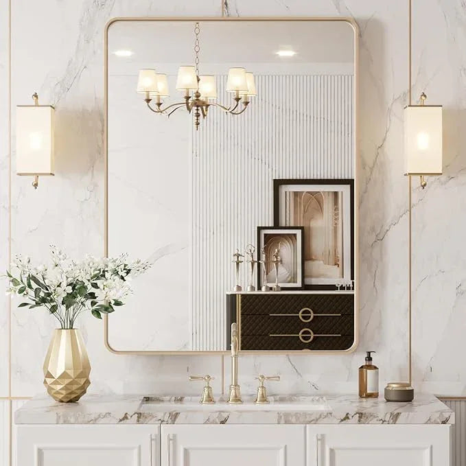 LOAAO 20”X30” Gold Bathroom Mirror, Rounded Rectangle Gold Frame Mirror, Brushed Gold Bathroom Vanity Mirror Wall-Mounted, Anti-Rust, Hangs Horizontally or Vertically - ModernBath