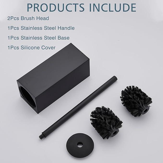 FORIOUS Toilet Brush and Holder Set, Heavy Duty 304 Stainless Steel Base Square and Long Handle for Bathroom Deep Cleaning, Drip-Proof, Space Saving for Storage, 2 Toilet Bowl Brush Head, Black - ModernBath