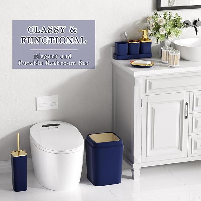 XLHOMO Bathroom Set - Navy Blue Bathroom Sets with Shower Curtain and Rugs, 24PCS Shower Curtain Set with Hooks, Soap Dispenser, Soap Dish, Toilet Brush Holder and Trash Can for Housewarming - ModernBath