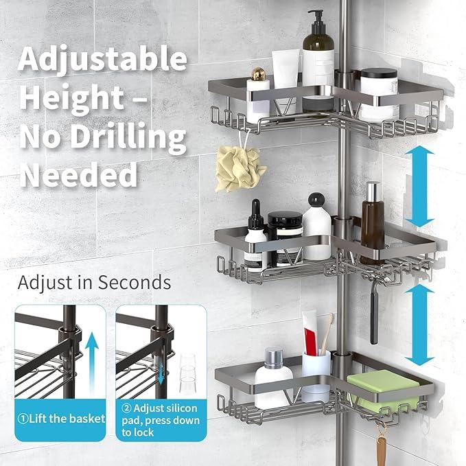 KEGII Corner Shower Caddy Tension Pole with Soap Dish & Razor Holder, Adjustable Bathroom Organizer with Hooks, 25-114.2 Inch Rustproof Storage Shelf for Renters & Apartments, Gunmetal Gray - ModernBath