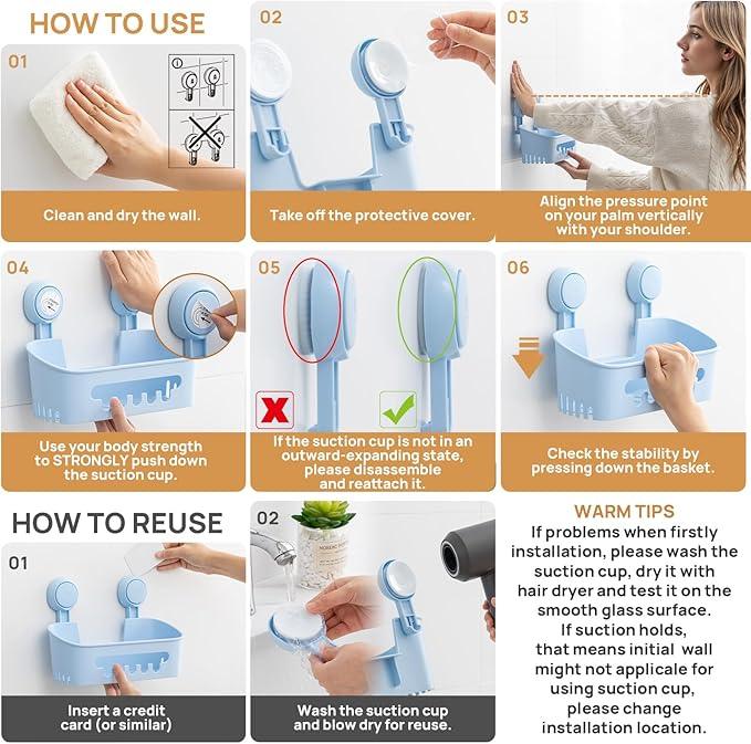 LEVERLOC Shower Caddy Suction Cup Set Shower Organizer & Soap Holder & Toothbrush Holder, Bathroom Shelf Basket NO-Drilling, Removable Suction Storage Waterproof Bathroom Caddy, Blue - ModernBath