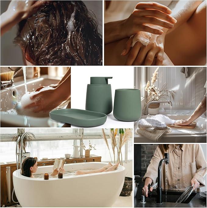INGOFIN 3 Pcs Ceramic Bathroom Accessory Set - Liquid Soap Dispenser, Toothbrush Holder & Tray, Bathroom Counter Set, Countertop Essentials for Home, Guest Bathroom, or Office Use, Matte Green - ModernBath