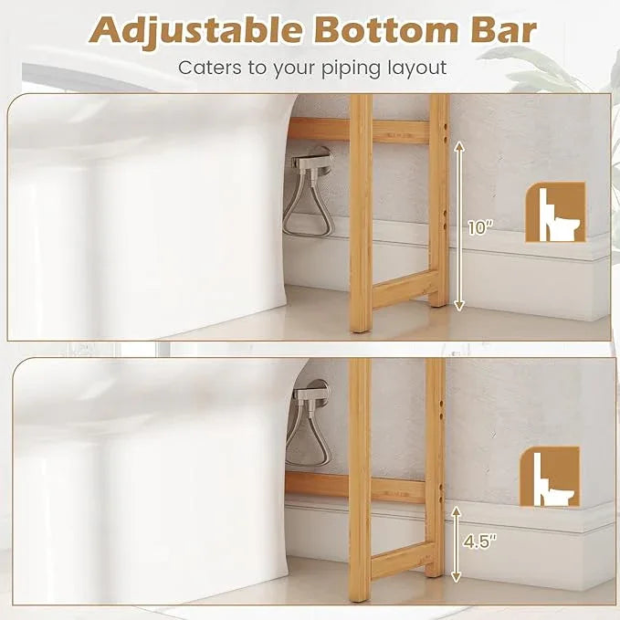 Tangkula Bamboo Over The Toilet Storage, 3-Tier Over Toilet Organizer Rack with 5-Position Adjustable Shelves, 3 Hooks, Adjustable Bottom Bar, Laundry Room Shelf, 28.5" Wide Bathroom Space Saver - ModernBath