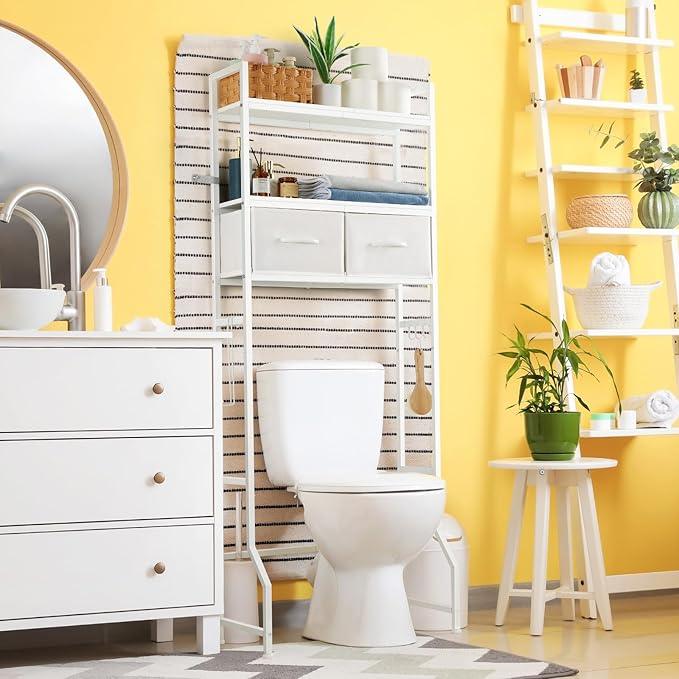 YBING Over The Toilet Storage Cabinet, Over Toilet Bathroom Organizer with Drawer, Above Toilet Stand with Roll Holder and Hooks, Over Toilet Storage Shelf Cabinet, Wooden, White - ModernBath
