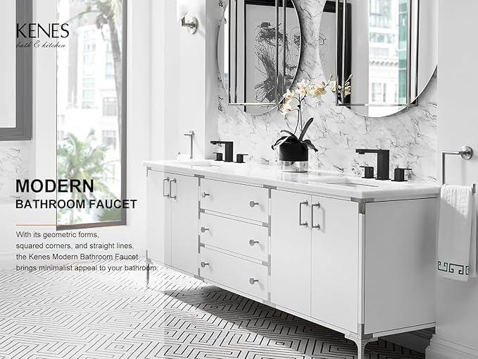KENES Black Widespread Bathroom Faucet 3 Hole Bathroom Sink Faucet Matte Black Two Handle, 8-Inch 3 Pieces Bathroom Vanity Faucet with Pop Up Drain & Supply Lines, KE-9050-2-P - ModernBath