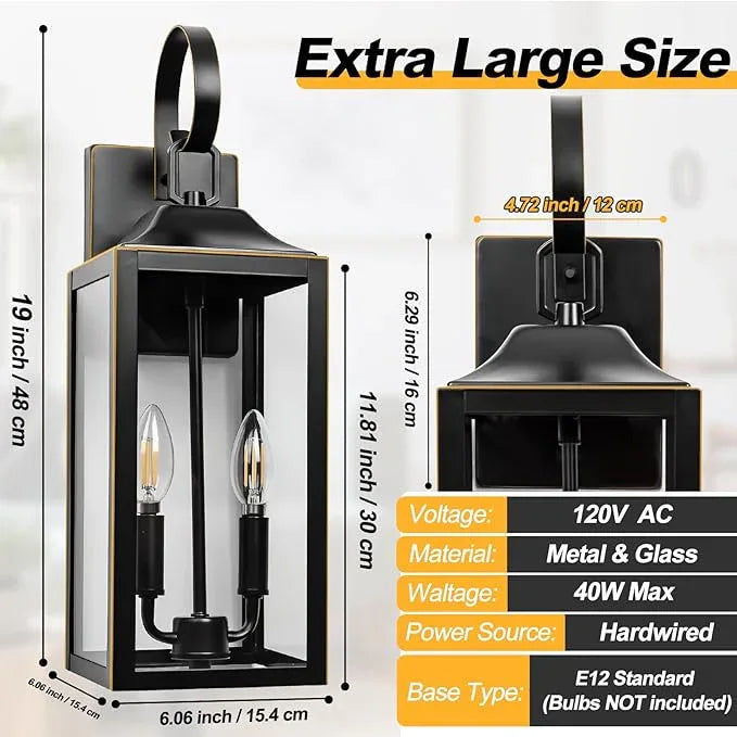 19" Large Outdoor Wall Light - Black Outside Wall Mounted Light Fixture with Gold Trim, Exterior Farmhouse Wall Sconce Lantern, Modern Porch Lighting Exterior Lamp for House 2-Light - ModernBath