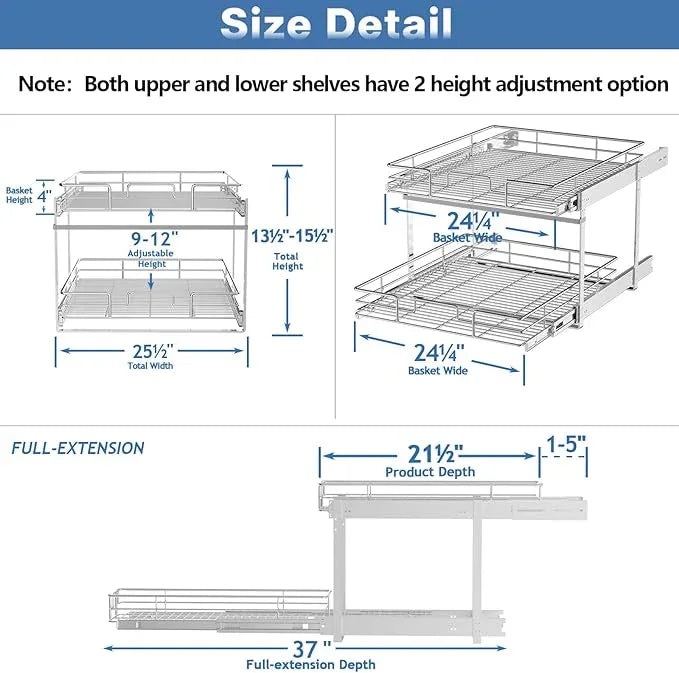 2 Tier Individual Pull Out Cabinet Organizer 25½" W x 21½" D, Heavy Duty Cabinet Pull Out Shelves, Slide Out Drawers Organization for Kitchen Cabinets Bathroom - ModernBath