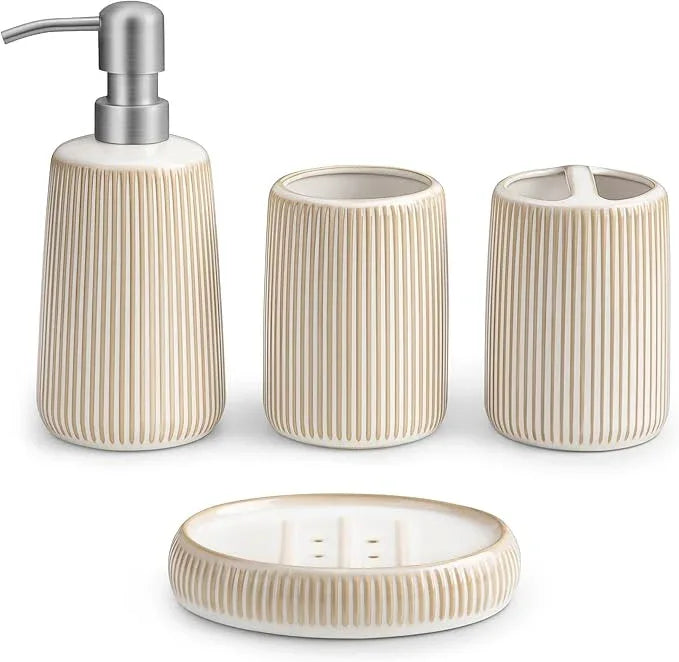 vancasso Ceramic Bathroom Accessories Set 4 Piece, Soap Dispenser with Stainless Steel Pump, Toothbrush Holder, Tumbler and Soap Dish, Modern Relief Design, Bathroom Decor Organizer, Beige-White - ModernBath