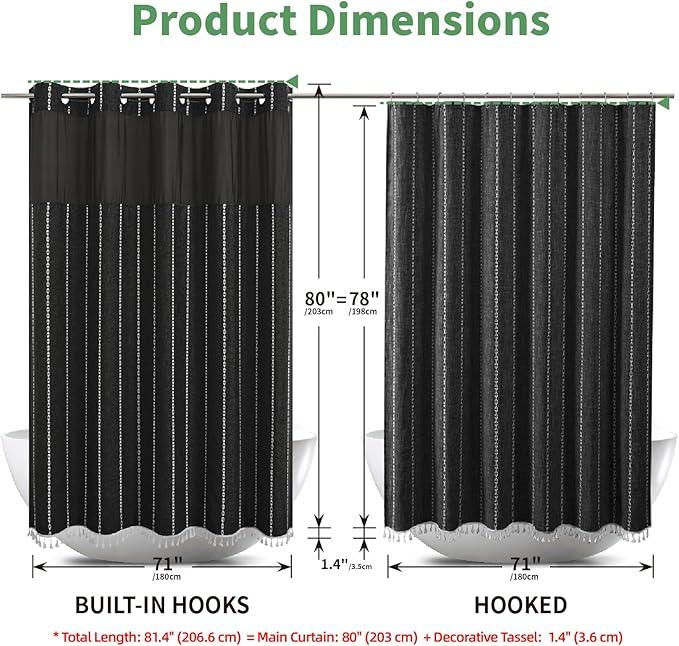 eachope No Hook Long Shower Curtain Set with Snap-in Fabric Liner,Linen Textured Thick Striped Fabric with Tassels,Boho Farmhouse Rustic Luxury Bathroom Curtain,Water-Repellent,Black,71x80 - ModernBath