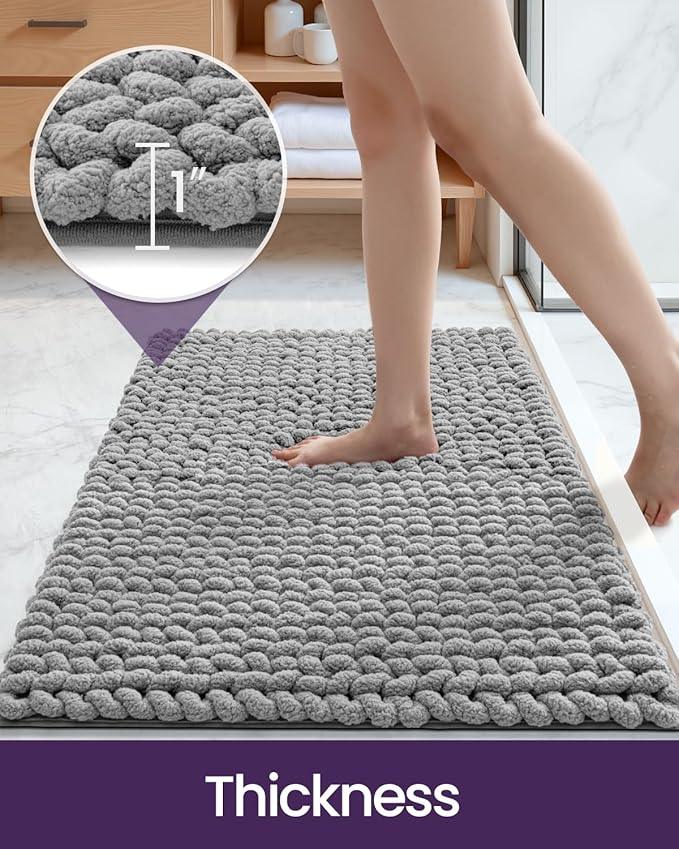 DEXI Bathroom Rugs 24x43, Non Slip Washable Bath Mat, Luxury Chenille Super Absorbent Ultra Thick Bathmats for Shower Floor, Plush Fluffy Shaggy Carpet for Tub, Light Grey - ModernBath