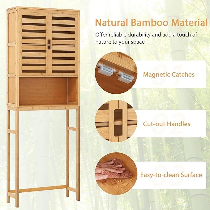 Tangkula Over The Toilet Storage Cabinet, Bamboo Bathroom Space Saver with 2 Doors, Adjustable Bottom Bar, Open Shelf, Freestanding Bathroom Cabinet Organizer Above Toilet for Restroom, Laundry Room - ModernBath