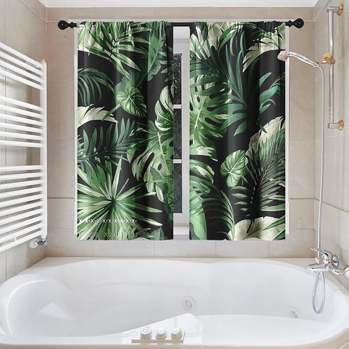 Culudea Green Tropical Plant Jungle Leaf Waffle Textured Cloth Shower Curtain Set, Palm Tree Leaves Black Bathroom Window Waterproof Shower Curtains for Bathroom Decor - ModernBath
