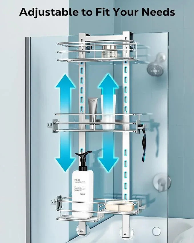 Nieifi Over the Door Shower Caddy, Stainless Steel Rustproof, Adjustable Hanging Shower Organizer, Anodized Aluminum, Silver - ModernBath
