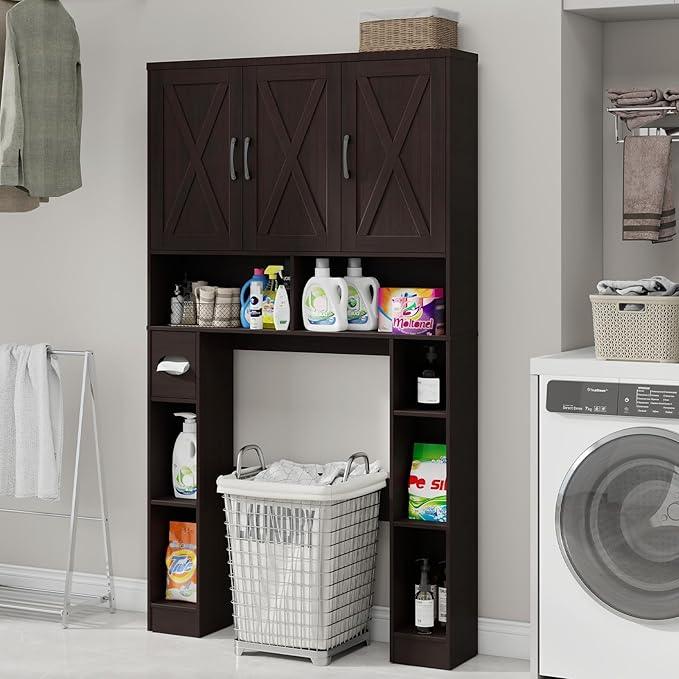 Over The Toilet Storage Cabinet, Farmhouse Toilet Cabinet Rack with 3 Barn Doors, Space Saving Bathroom Organizer with Shelves, Toilet Paper Holder and Towel Rack for Bathroom,Restroom.(Walnut). - ModernBath