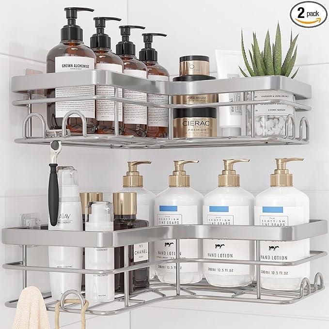 Corner Shower Caddy - 2 Pack, Adhesive Shower Organizers, Rustproof Stainless Steel Shower Shelves with 8 Hooks, No Drilling Bathroom Organizers and Storage Racks, Space-Saving, Silver, X-Large - ModernBath