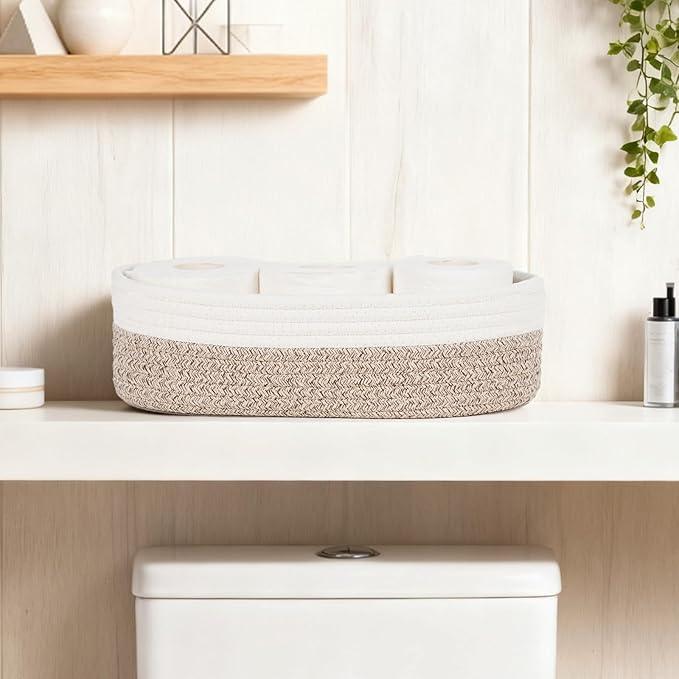 Temary 2PC Small Storage Bins Basket, 13x5.9x3.9 inch Woven Storage Basket with Handles for Storage Toilet Paper Rolls, Narrow Storage Baskets for Entryway, Closets, Shelves (Brown) - ModernBath