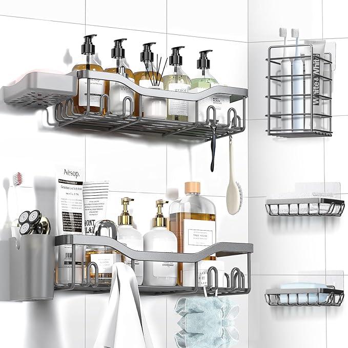 Shower Caddy Adhesive Shower Organizer 7-Pack, Rustproof Stainless Steel Bathroom Shelves, Large Capacity No-Drill Rack Storage Accessories with Soap Dish Toothbrush Holder Hooks (Gray) - ModernBath