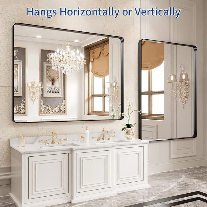 WEER Black Framed Mirror for Bathroom, 40x32 Inch Matte Black Bathroom Vanity Mirror, Rectangular Black Metal Framed Wall Mirror with Tempered Glass, Rounded Corner, Anti-Rust (Horizontal/Vertical) - ModernBath