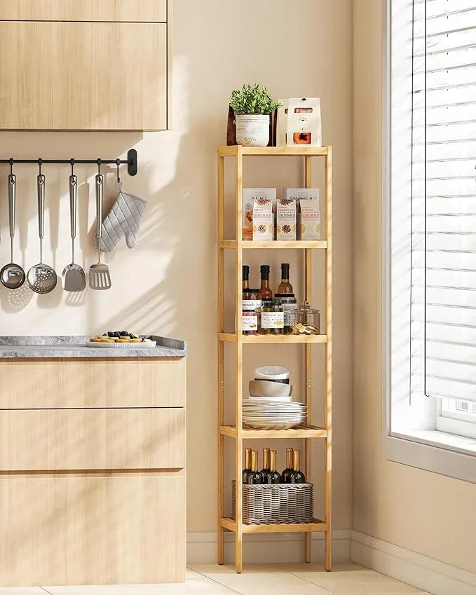 SONGMICS Bamboo Storage Shelf, 5-Tier Shelving Unit, Multifunctional, in the Entryway, Bathroom, Living Room, Balcony, Kitchen, 13 x 13 x 57.5 Inches, Light Bamboo UBCB55Y - ModernBath