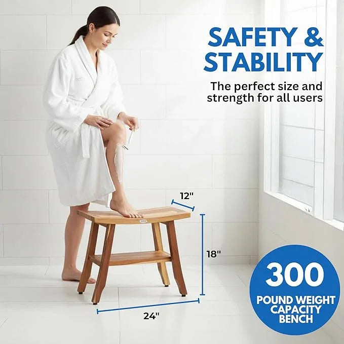 EcoDecors 24 Inch Satori Natural Teak Waterproof Teak Wood Shower Bench Stool Seat Chair for Inside Shower Provides Safety, Storage, and Organization for Bathroom Accessories - ModernBath