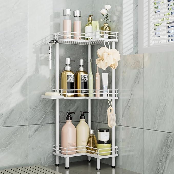 Consumest Corner Shower Caddy Standing - 3-Tier Stainless Steel Shower Organizer with Soap Holder and 4 Hooks, Large Capacity Corner Shelf Stand for Bathroom, Rest Room, White - ModernBath