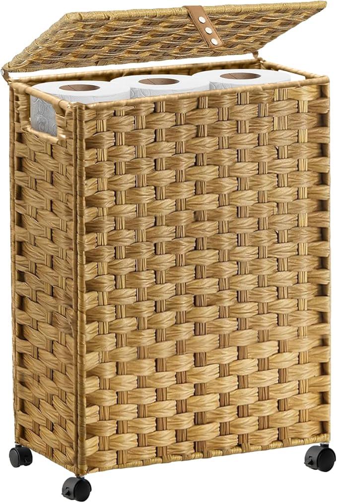 Hiagnete Toilet Paper Storage Basket with Lid and Wheels, Rattan Toilet Paper Holder Storage, Toilet Paper Organizer for Bathroom, Bedroom, Kitchen, 12.6”L x 7.1”W x 17.14”H, Naturall - ModernBath