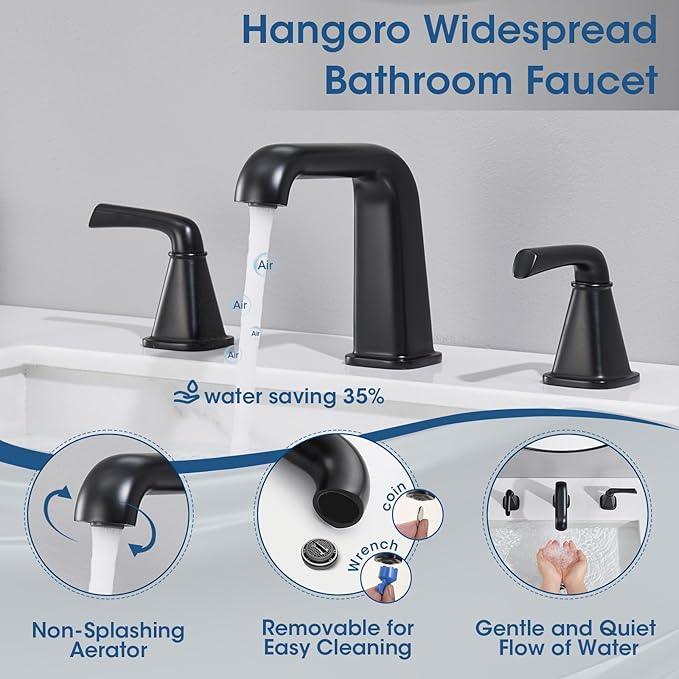 Widespread Bathroom Sink Faucet, Matte Black Bathroom Faucet 3 Hole，Brass Vanity Faucet with Pop Up Drain and 2 Supply Lines - ModernBath