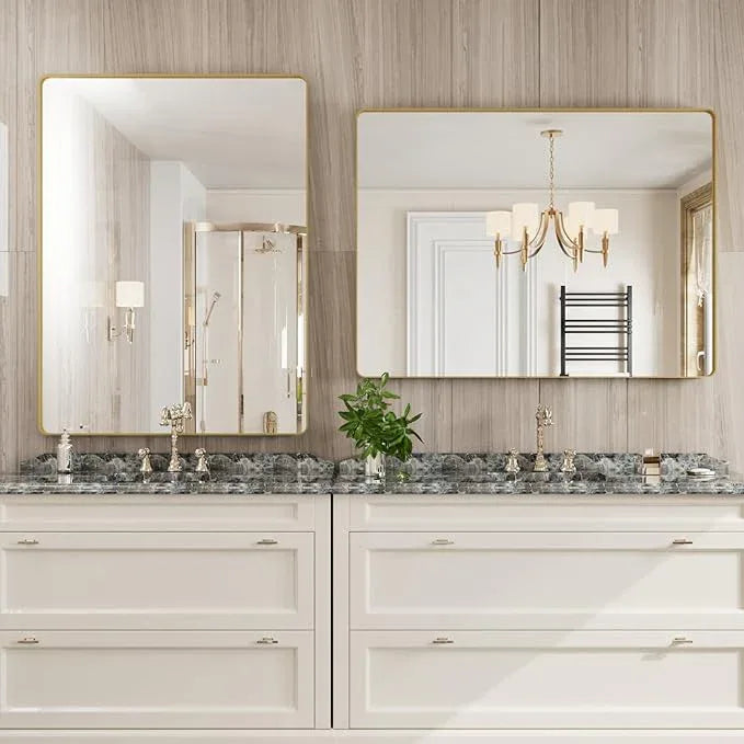 JISOSO Gold Bathroom Mirror, 48x36 Inch Brushed Gold Metal Frame Mirror for Wall, Rounded Rectangle Bathroom Vanity Mirror, Tempered Glass, Anti-Rust, Horizontal/Vertical - ModernBath