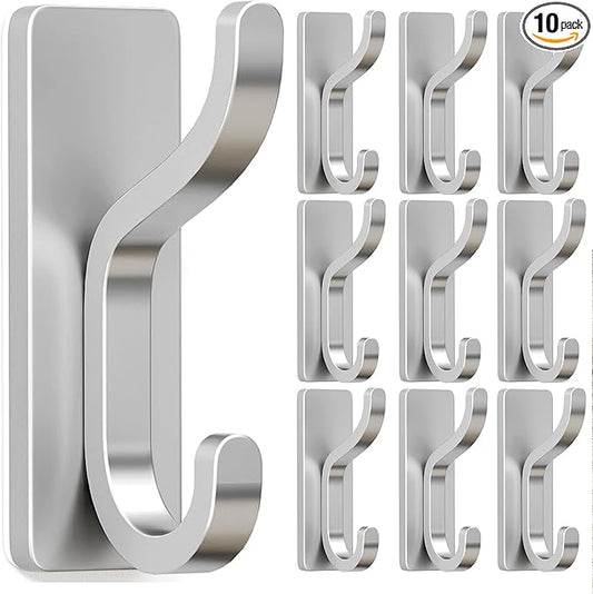 pickpiff Adhesive Wall Coat Hooks - Heavy Duty Stick-On Door Hanger, Metal Hook for Hanging Towel,Purse, Robe, Backpack, Jacket, Clothes - for Bathroom,Dorm, Closet, Kitchen - Silver, 10 Pack