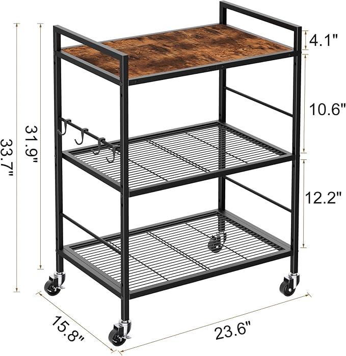 3-Tier Metal Storage Rack with Industrial Wheels,Mesh Shelving Unit with Wooden Table top,Adjustable Shelf,23.6-Inch Width,15.8-Inch Depth, for Kitchen, Laundry,Pantry,Plant,Black - ModernBath