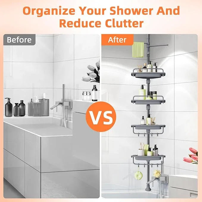32-122inch Corner Shower Caddy Tension Pole Grey, Rustproof Drill-Free Shower Shelves for Bathroom Bathtub Washbasin, Adjustable Shower Organizer with 4 Tier Patent Stable Shelves & Towel Bars - ModernBath