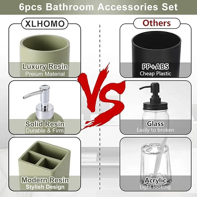 Resin 6 Pcs Green Bathroom Set Complete with Toothbrush Holder, Lotion Soap Dispenser, 2 Qtip Holder Dispensers,Vanity Tray,Bathroom Tumbler - Countertop Vanity Organizer - Bathroom Accessories - ModernBath