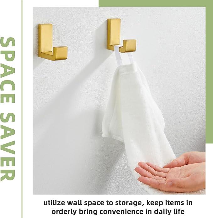 APLusee L Shape Bath Towel Hook 2 Pack, 304 Stainless Steel Coat Holder, Wall Mounted Storage Hanger for Bathroom Kitchen, Brushed Gold - ModernBath