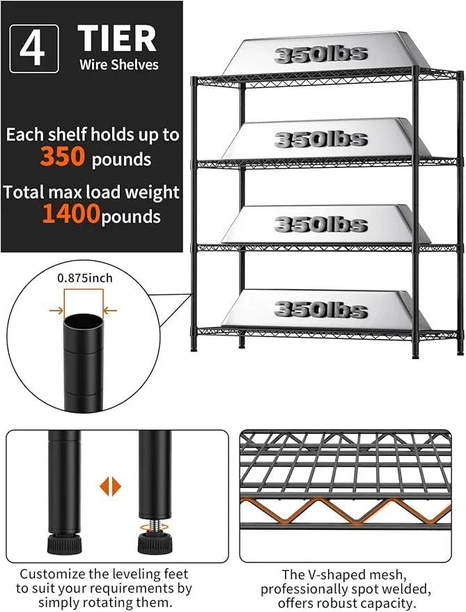 4 Tier Adjustable Storage Shelves,Heavy Duty Metal Utility Shelf 1400LBS Capacity Wire Shelving Unit Organizer Rack for Kitchen Office Pantry Room 18" D x 46" W x 59" H Black - ModernBath