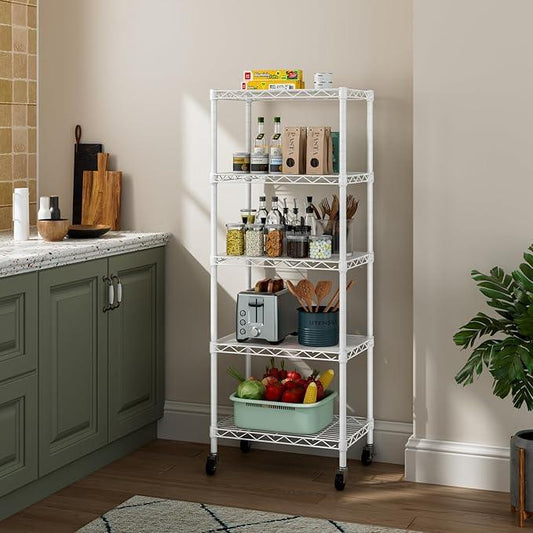 Small 5 Tier Shelves Storage Wire Shelving Unit Metal Shelf Adjustable Organizers Storage Shelving with Wheels for Bathroom Laundry Room Kitchen Pantry12”D x 18”W x 57.2”H White - ModernBath