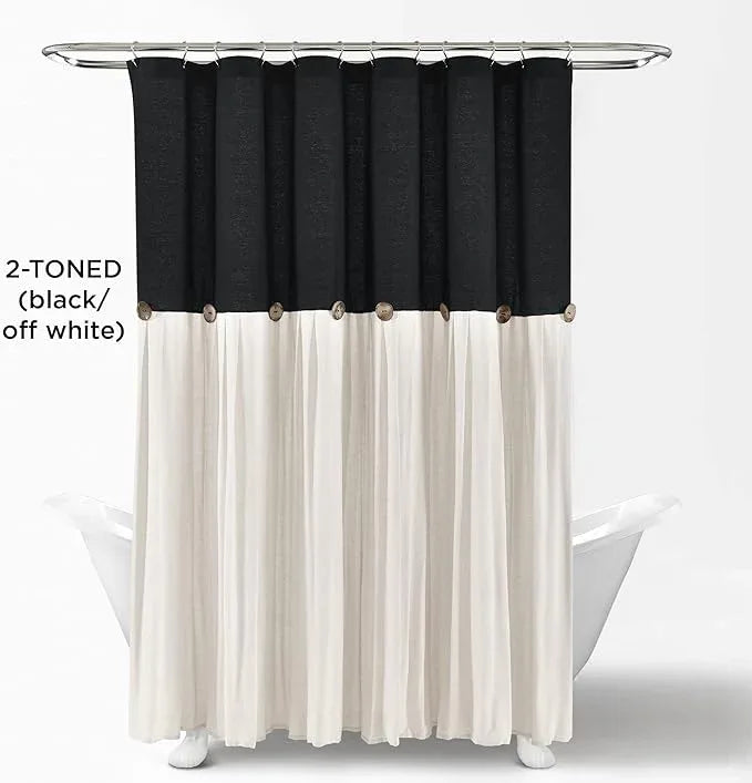 Lush Decor Linen Button Shower Curtain, 72" W x 72" L, Black & Off White - Black Shower Curtain Fabric - Bathroom Curtain - Farmhouse Bathroom Decor - ModernBath
