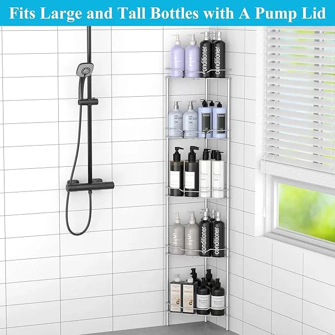 5 Tier Floor Standing Corner Shower Caddy Organizer Shelf with Hooks, Bathroom Shelves Stand Rack, Silver - ModernBath