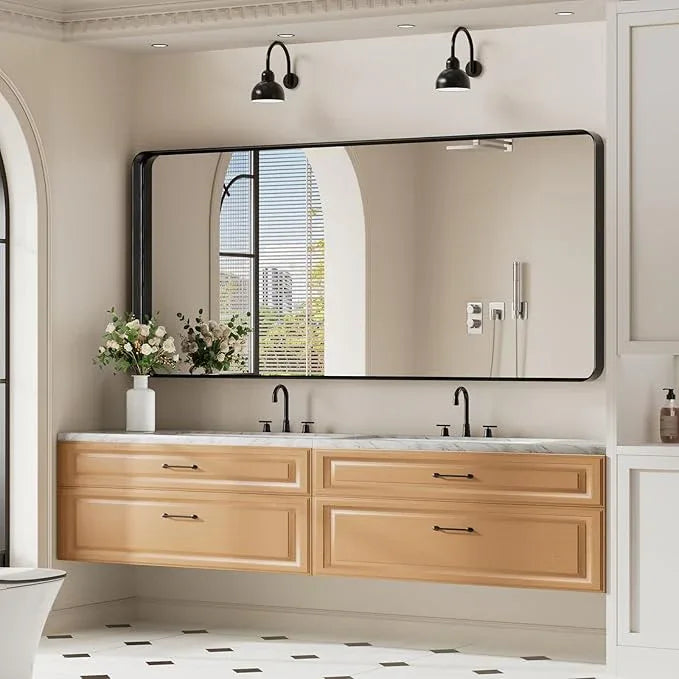 Koonmi Black Bathroom Mirror for Wall, 30x71 Inch Matte Metal Deep Framed Rounded Corner Wall Mirror, Shatterproof Tempered Glass for Farmhouse Bedroom Entryway, Vertically or Horizontally - ModernBath