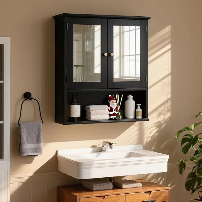 SUNLEI Medicine Cabinets with Open Shelves for Bathroom Organizer, Over The Toilet Storage Cabinet with Doors and Shelves, Bathroom Cabinet Wall Mounted with Mirror Door, Classic Black - ModernBath