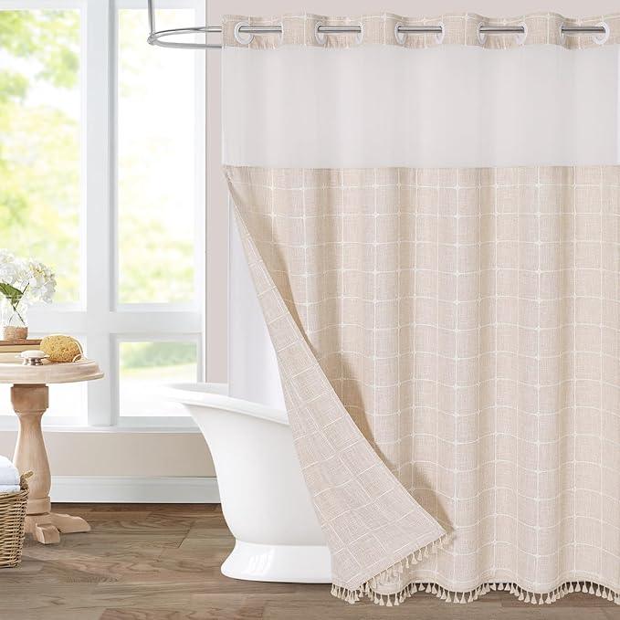MitoVilla No Hooks Required Farmhouse Shower Curtain with Snap-in Liner - with Window & Magnets, Boho Cotton Linen Fabric Shower Curtains with Tassels for Rustic Bathroom Decor, Beige/Cream, 72 x 74 - ModernBath